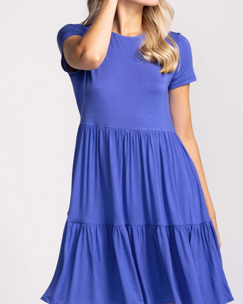 Front of a model wearing a size L Lola Dress in Royal Blue in Royal Blue by PINK MARTINI. | dia_product_style_image_id:342808